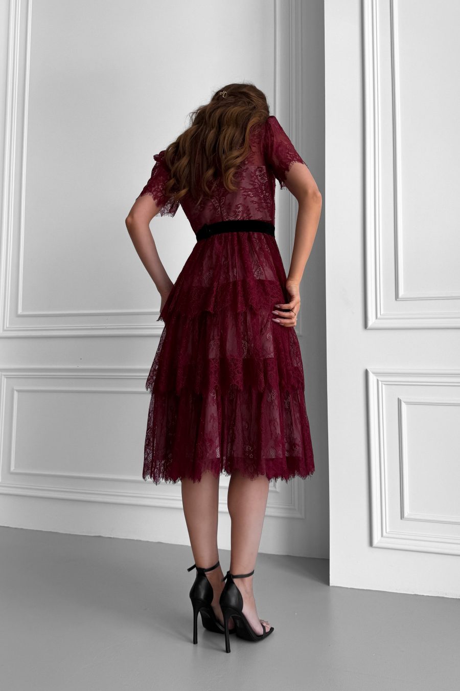 Lace Chantilly Tiered Midi Dress with Beige Lining