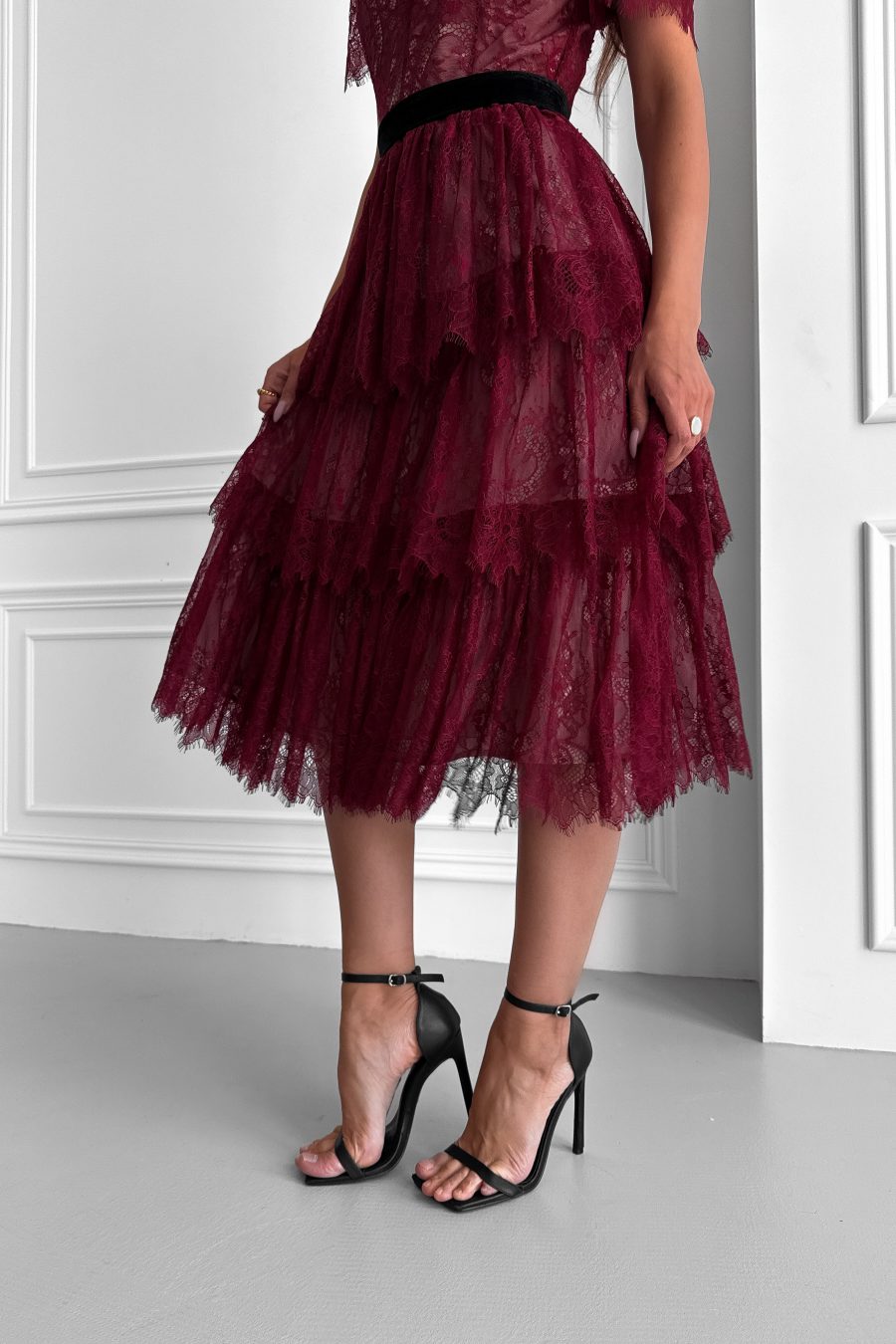 Lace Chantilly Tiered Midi Dress with Beige Lining