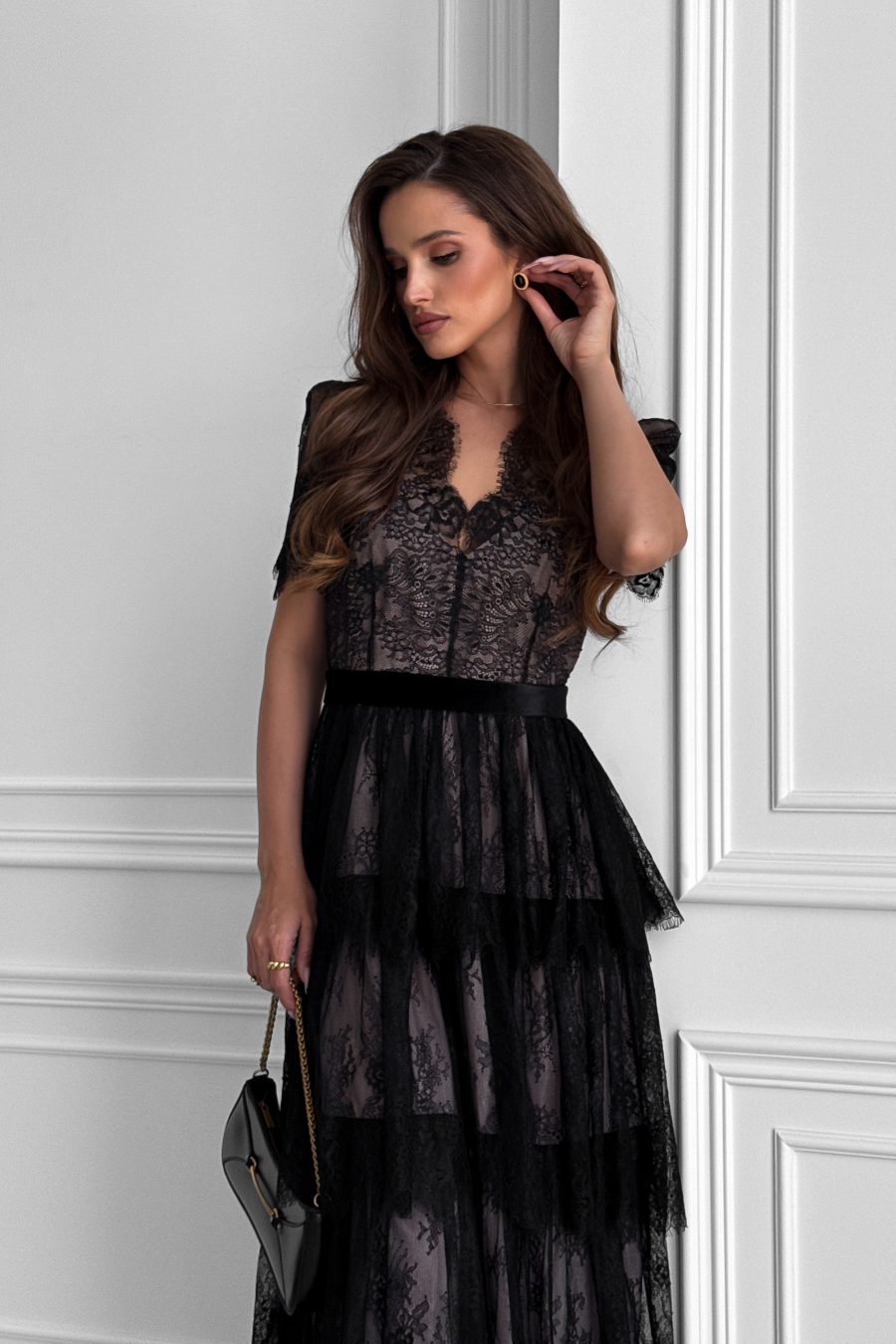 Lace Chantilly Tiered Midi Dress with Beige Lining