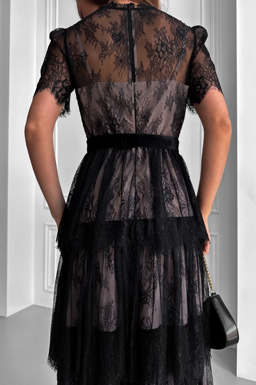 Lace Chantilly Tiered Midi Dress with Beige Lining
