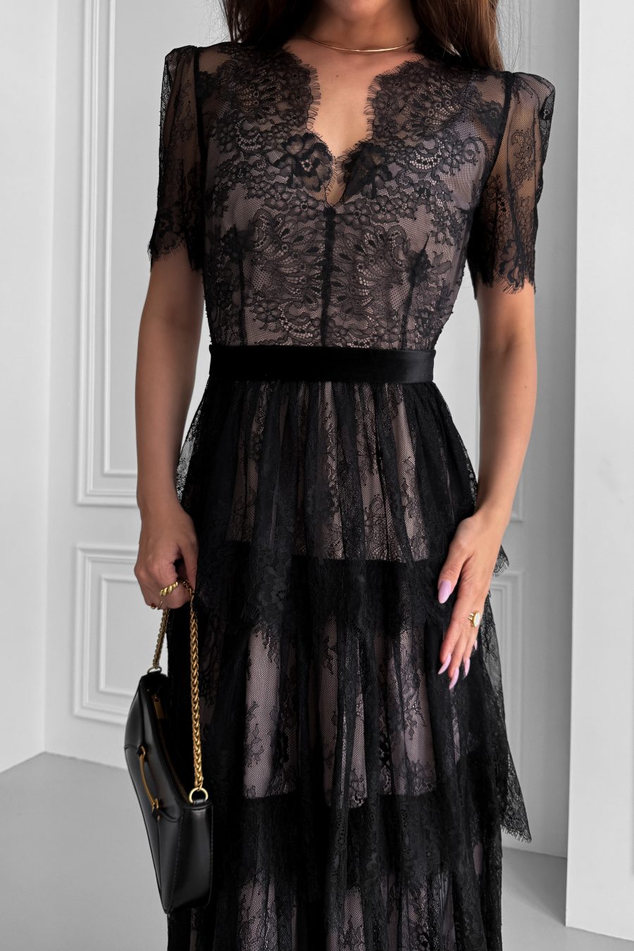 Lace Chantilly Tiered Midi Dress with Beige Lining