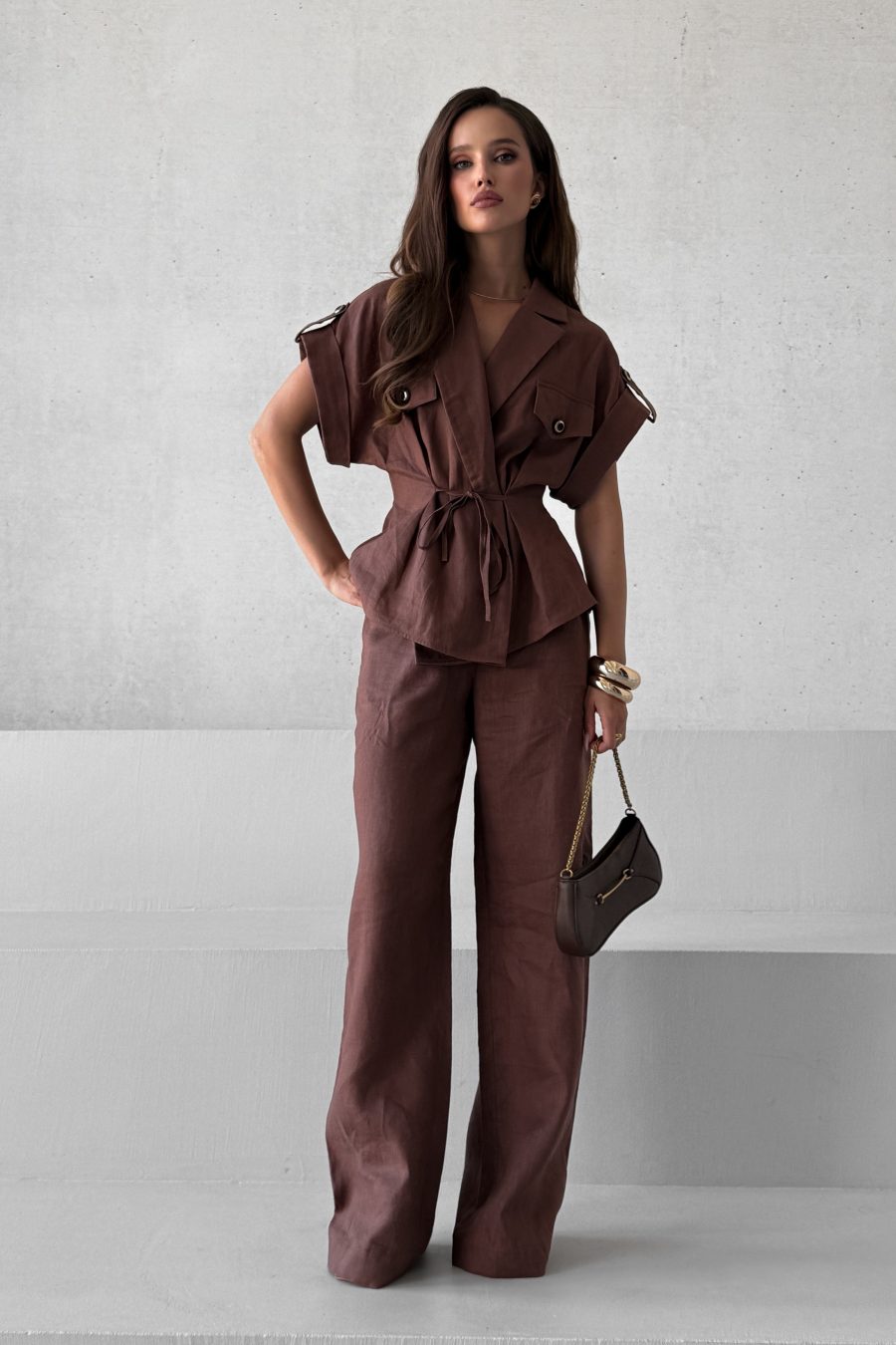 Linen wrap top with short kimono sleeves
