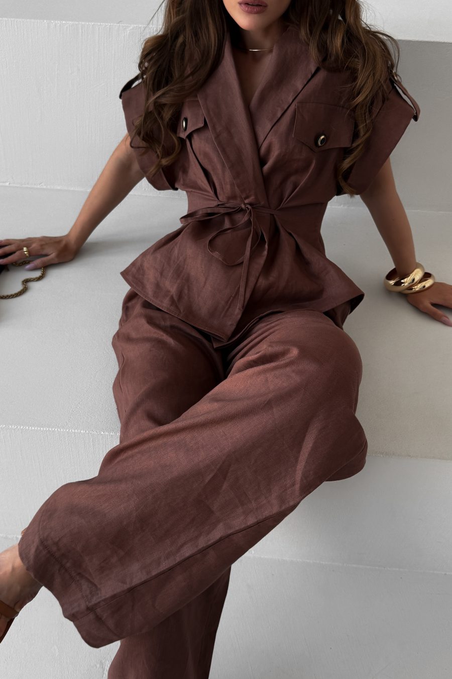 Linen wrap top with short kimono sleeves