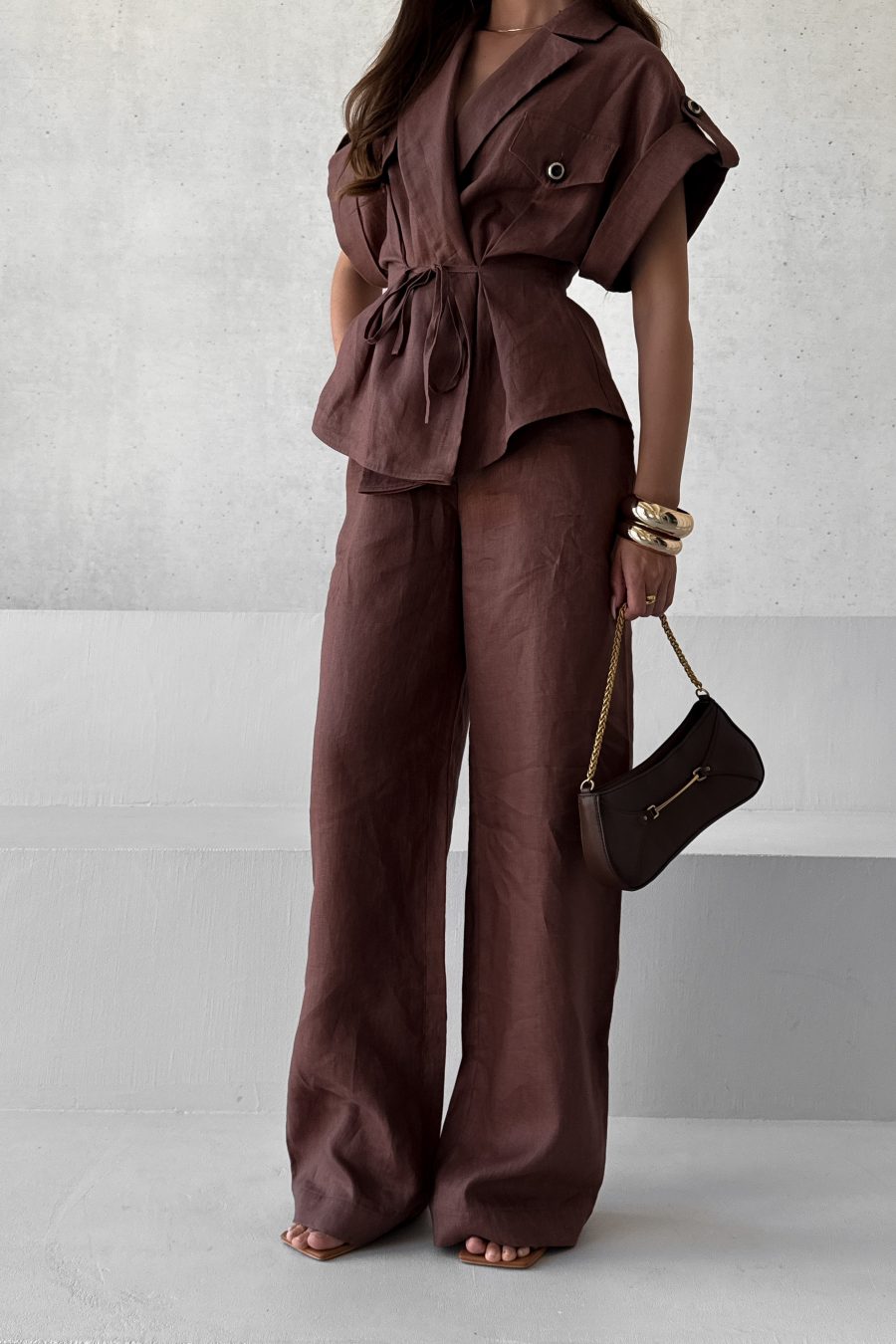 Linen wrap top with short kimono sleeves